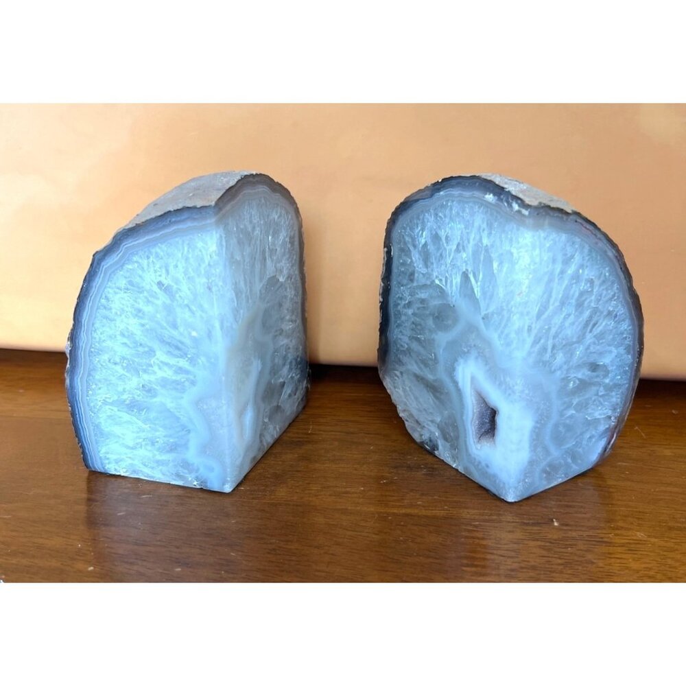 Natural Agate Geode Bookends With Polished Crystal Interior & Felt Pads